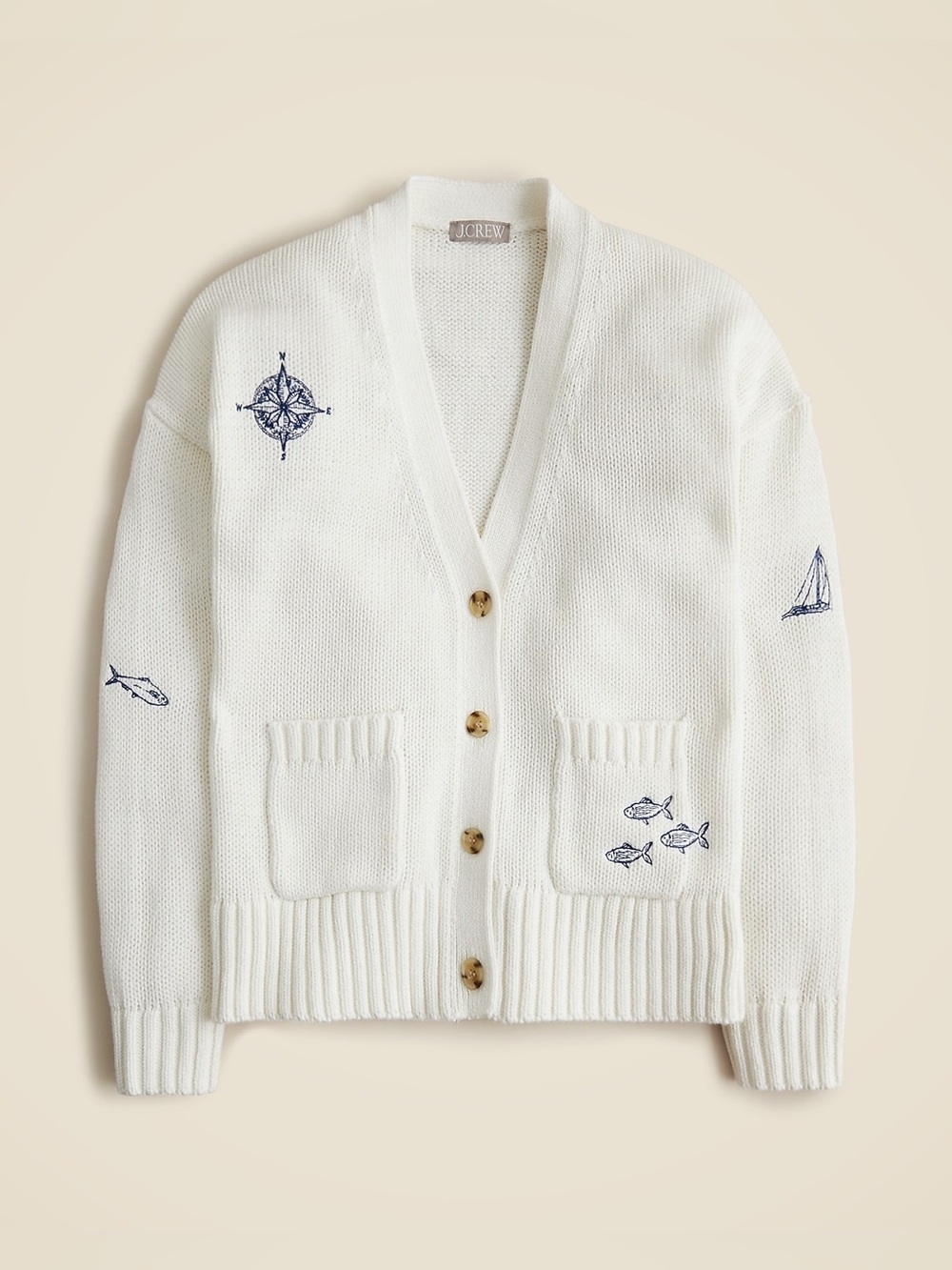 J. Crew Heritage Cotton Relaxed Cardigan with Nautical Embroidery in Ivory, Size